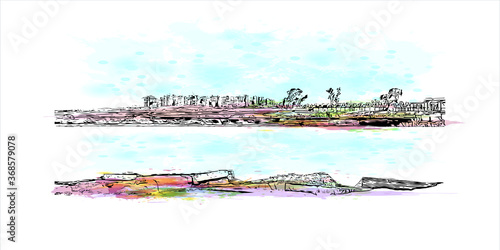 Building view with landmark of Alexandria is a Mediterranean port city in Egypt. Watercolor splash with hand drawn sketch illustration in vector. photo