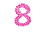 The number eight is made of pink flowers on a white background. Spring concept Floral letters of the alphabet for wedding design or flower festival