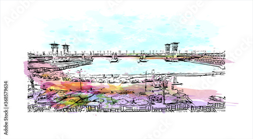 Building view with landmark of Alexandria is a Mediterranean port city in Egypt. Watercolor splash with hand drawn sketch illustration in vector. photo