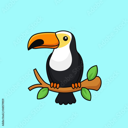 Toucan tropical forest bird perched on a tree branch simple cute outline vector illustration. exotic wildlife character mascot design