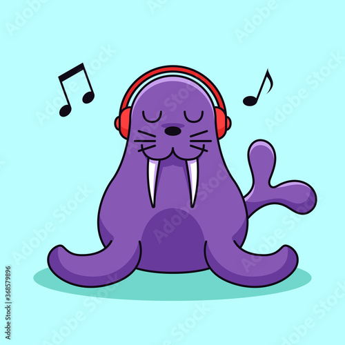 Walrus wear headphone enjoy listen music simple vector illustration. seal canine sea lions character mascot design