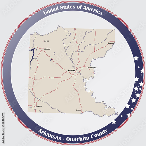 Round button with detailed map of Ouachita County in Arkansas, USA.