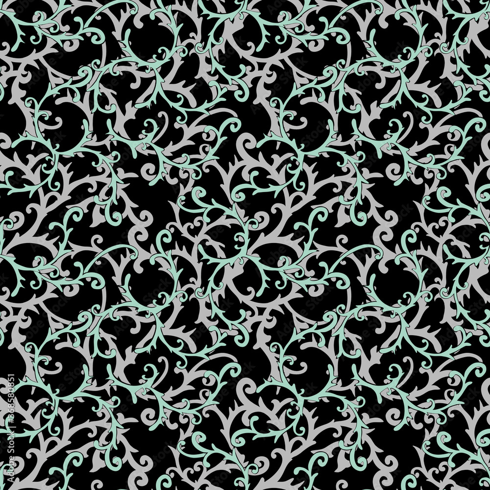 Curly leaves. Ornament. Seamless wallpaper. Can be used as a template, postcard, wrapper, for various web designs.