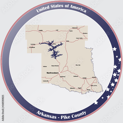 Round button with detailed map of Pike County in Arkansas, USA.