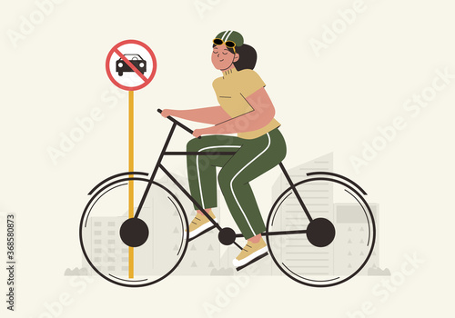 Hand drawn World car free day background with women using bicycle and no car sign flat vector illustration. World environment day concept. Eco friendly transportation