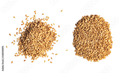 Macro shot of a raw white sesame seed isolated on white background. Top view. Food Background. A scattering of sesame seeds. Healthy food. Natural food. photo