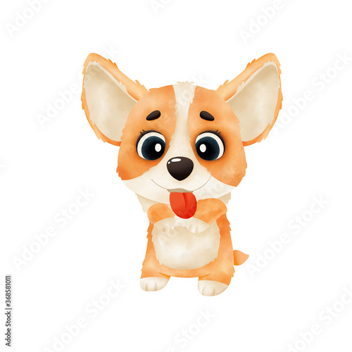 watercolor corgi puppy stands on its hind legs isolated on white background. Watercolor illustration