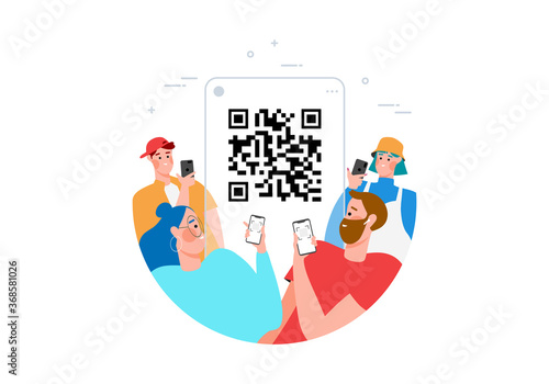 Qr code scanning concept with people scan code using smartphone for payment flat vector illustration. Hand with pnone and scanning barcode photo
