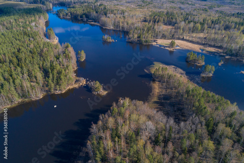 Over the branches of the Vuoksa River on May Day (aerial photography). The surroundings of the village of Vasilyevo. Leningrad region, Russia