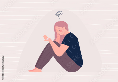 woman depression with bewildered in her mind and Sedative Pill in his hand antidepressant illustration. Medication treating illness or disorder concept flat vector cartoon character