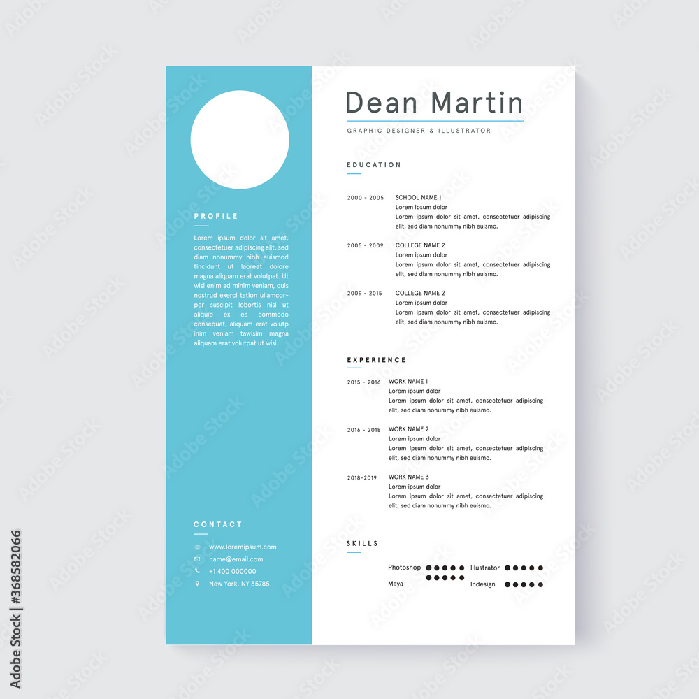 Minimalist cv template design with blue and white colour.