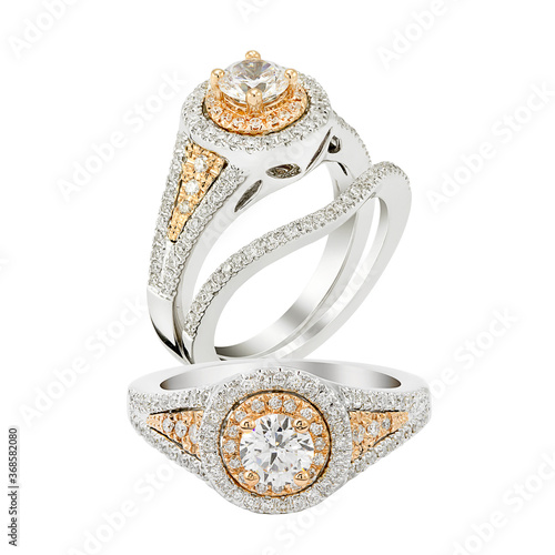 real diamond gold jewelry. white gold shank. engagement ring isolated