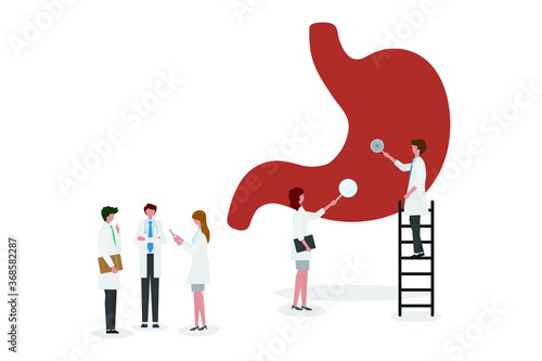 A team of doctors checkup the stomach. People examine the organ and make a diagnosis. Examination and treatment of the digestive system.
Healthy stomach vector illustration concept.