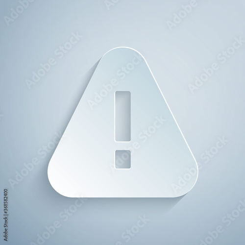 Paper cut Exclamation mark in triangle icon isolated on grey background. Hazard warning sign, careful, attention, danger warning sign. Paper art style. Vector.