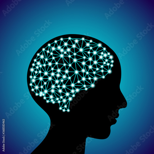 3d digital neuro glowing particles lines and dots plexus structure human brain on adult people head black silhouette, stock vector illustration design element on blue gradient background
