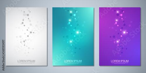 Templates brochure or cover book, page layout, flyer design with abstract background of molecular structures and DNA strand. Concept and idea for innovation technology, medical research, science.