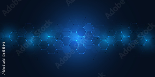 Abstract background of molecules. Molecular structures or chemical engineering, genetic research, innovation technology. Scientific, technical or medical concept.
