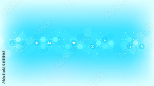 Medical background with flat icons and symbols. Template design with concept and idea for healthcare technology, innovation medicine, health, science, and research.