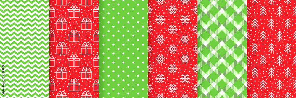 Xmas seamless pattern. Vector. Christmas, New year print. Backgrounds with gift box, snowflake, tree, zig zag, polka dot and plaid. Set textures. Festive wrapping paper. Red green illustration Xmas seamless pattern. Vector. Christmas, New year print. Backgrounds with gift box, snowflake, tree, zig zag, polka dot and plaid. Set textures. Festive wrapping paper. Red green illustration