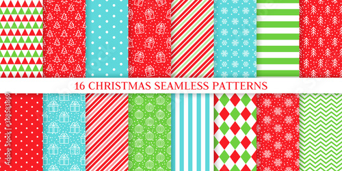 Christmas seamless pattern. Vector. Xmas, New year textures. Backgrounds with ball, tree, gift box, snowflake, candy cane stripe, plaid. Set noel prints. Festive wrapping paper. Red green illustration