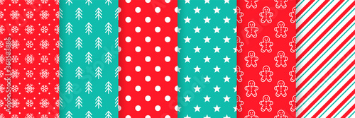 Christmas seamless pattern. Vector. Xmas New year backgrounds. Prints with stripes, snowflake, tree, gingerbread man and star. Set holiday textures. Festive wrapping paper. Red green illustration