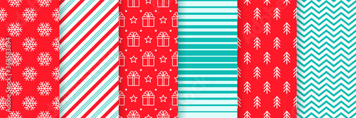 Christmas seamless backgrounds. Vector. Xmas New year pattern. Prints with candy cane stripe, snowflake, gift box, tree and zigzag. Set festive textures. Holiday wrapping paper. Red green illustration