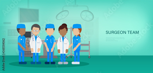 Surgeon team banner with surgeon team in surgery room flat design vector illustration