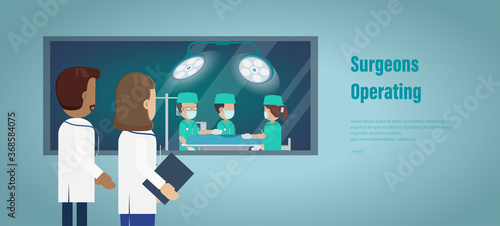 Surgeons operating banner with surgeon team in surgery room flat design vector illustration