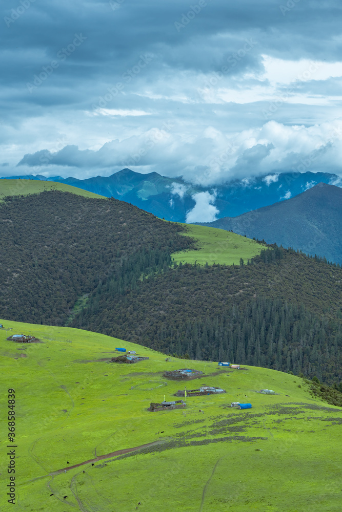 The green meadows on mountains in Kazila mountain, in Tibet, China, on a cloudy day, summer time. The green meadows on mountains in Kazila mountain, in Tibet, China, on a cloudy day, summer time.