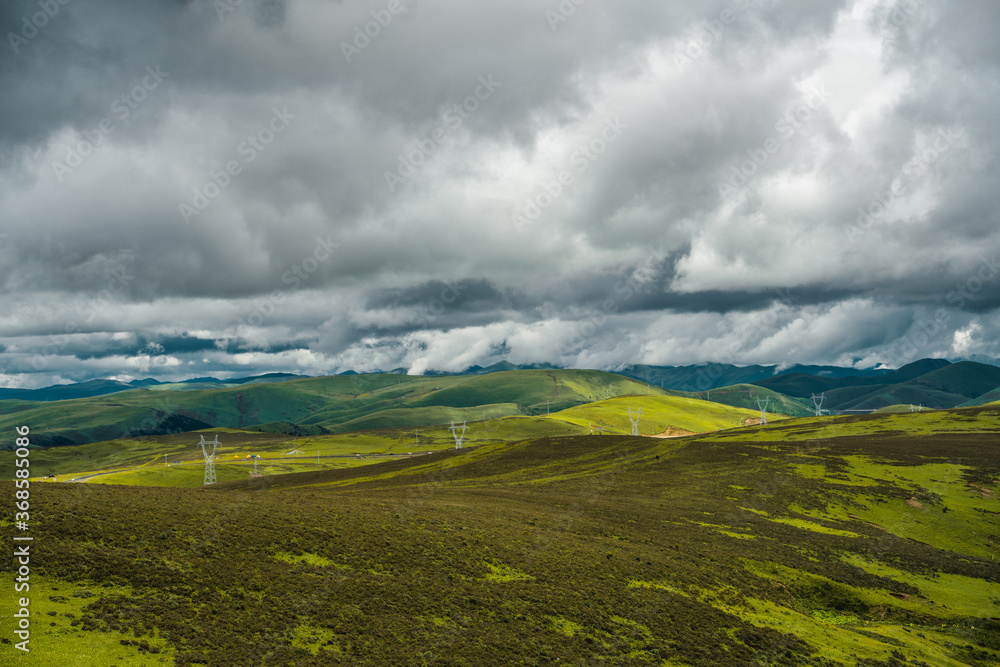 Fototapeta premium The green meadows on mountains in Tibet, China, summer time, on a cloudy day.