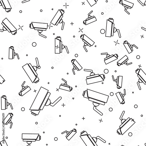 Black line Security camera icon isolated seamless pattern on white background. Vector.