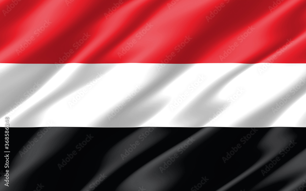 Obraz premium Silk wavy flag of Yemen graphic. Wavy Yemeni flag 3D illustration. Rippled Yemen country flag is a symbol of freedom, patriotism and independence.