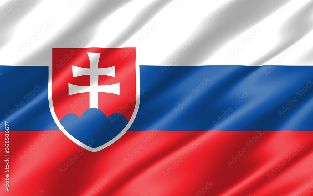 Obraz premium Silk wavy flag of Slovakia graphic. Wavy Slovak flag 3D illustration. Rippled Slovakia country flag is a symbol of freedom, patriotism and independence.