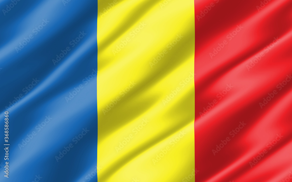 Silk wavy flag of Romania graphic. Wavy Romanian flag 3D illustration. Rippled Romania country flag is a symbol of freedom, patriotism and independence.