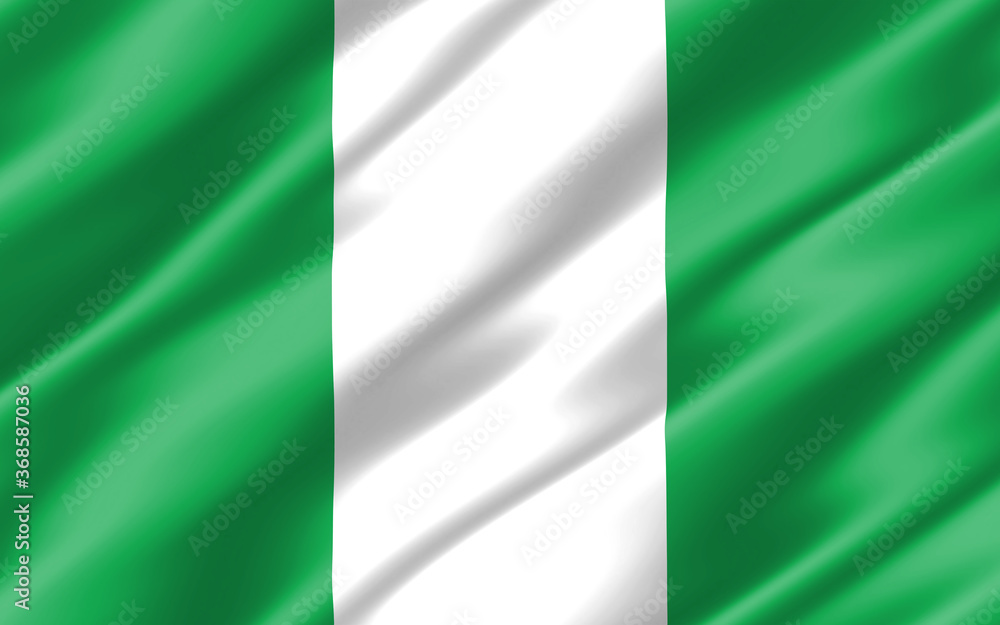 Silk wavy flag of Nigeria graphic. Wavy Nigerian flag 3D illustration. Rippled Nigeria country flag is a symbol of freedom, patriotism and independence.