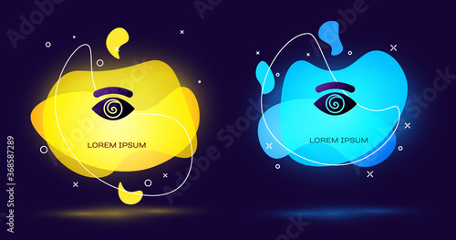 Black Hypnosis icon isolated on black background. Human eye with spiral hypnotic iris. Abstract banner with liquid shapes. Vector.
