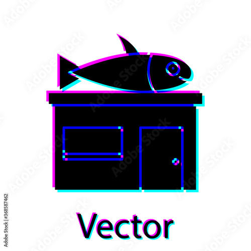 Black Seafood store icon isolated on white background. Facade of seafood market. Vector..