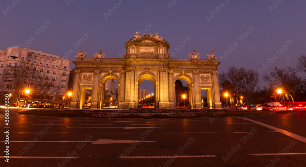 MADRID, MADRID, SPAIN. 26 of February, 2020. Monument of Madrid. The door of Alcala at night. 