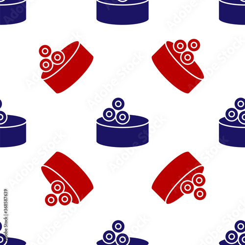 Blue and red Tin can with caviar icon isolated seamless pattern on white background. Vector..