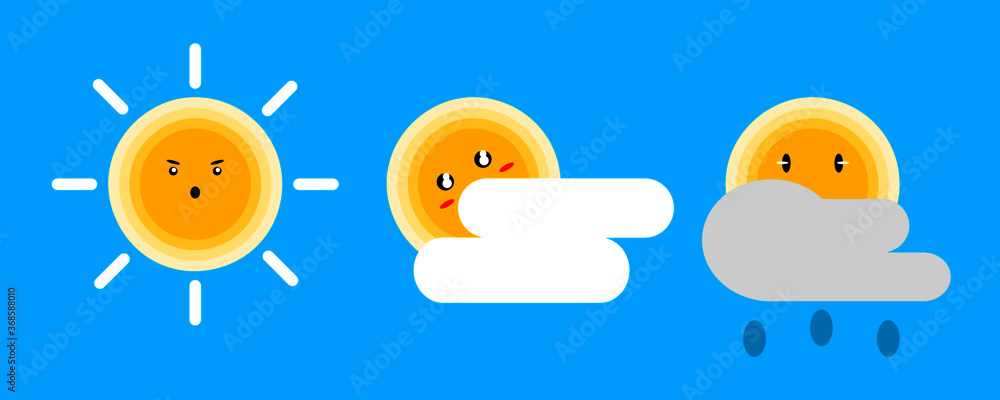 Concept set cute weather forecast sunny, cloudy and overcast with rain flat icon vector.