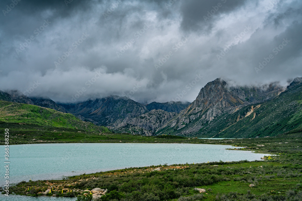 The Twin lake in Tibet, China, on a cloudy day, summer time.