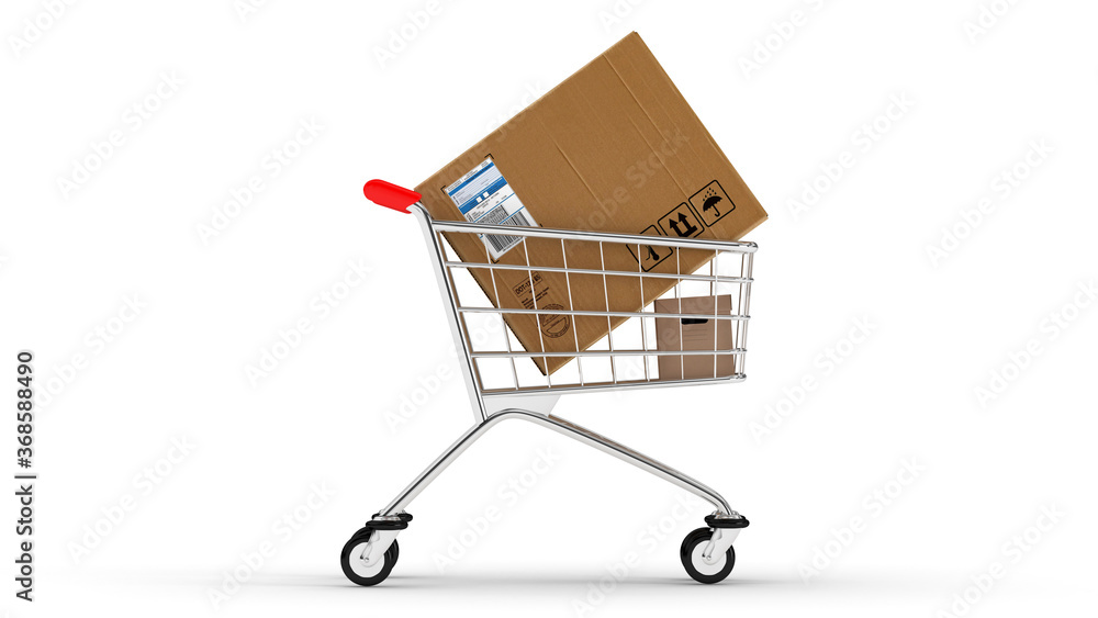 Box in market cart. Gifts in cart. 3d rendering. Isolate market cart
