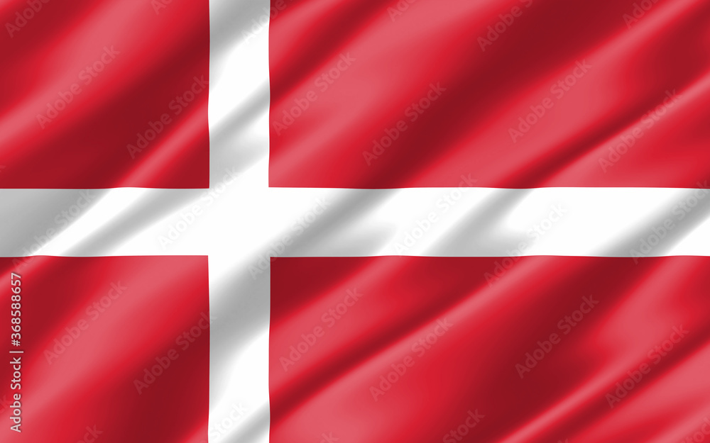 Fototapeta premium Silk wavy flag of Denmark graphic. Wavy Danish flag 3D illustration. Rippled Denmark country flag is a symbol of freedom, patriotism and independence.