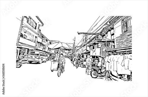 Building view with landmark of Algeciras. The Port of Algeciras is one of the largest ports in Europe. Hand drawn sketch illustration in vector.