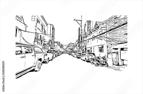 Building view with landmark of Algeciras. The Port of Algeciras is one of the largest ports in Europe. Hand drawn sketch illustration in vector.