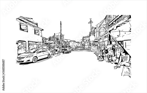 Building view with landmark of Algeciras. The Port of Algeciras is one of the largest ports in Europe. Hand drawn sketch illustration in vector.