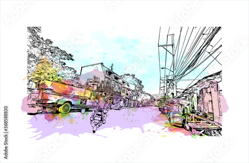 Building view with landmark of Algeciras. The Port of Algeciras is one of the largest ports in Europe. Watercolor splash with hand drawn sketch illustration in vector.