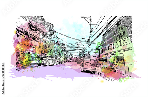 Building view with landmark of Algeciras. The Port of Algeciras is one of the largest ports in Europe. Watercolor splash with hand drawn sketch illustration in vector.