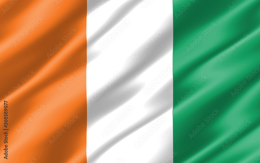 Silk wavy flag of Cote de Ivoire graphic. Wavy Ivorian flag 3D illustration. Rippled Cote de Ivoire country flag is a symbol of freedom, patriotism and independence.