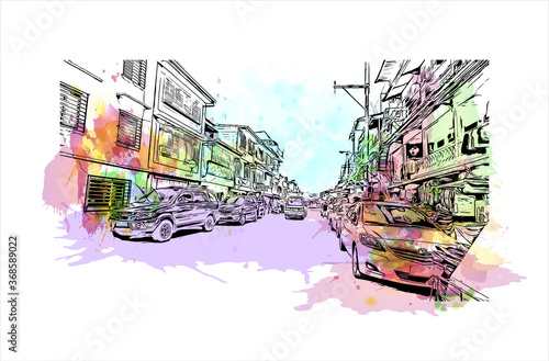 Building view with landmark of Algeciras. The Port of Algeciras is one of the largest ports in Europe. Watercolor splash with hand drawn sketch illustration in vector.